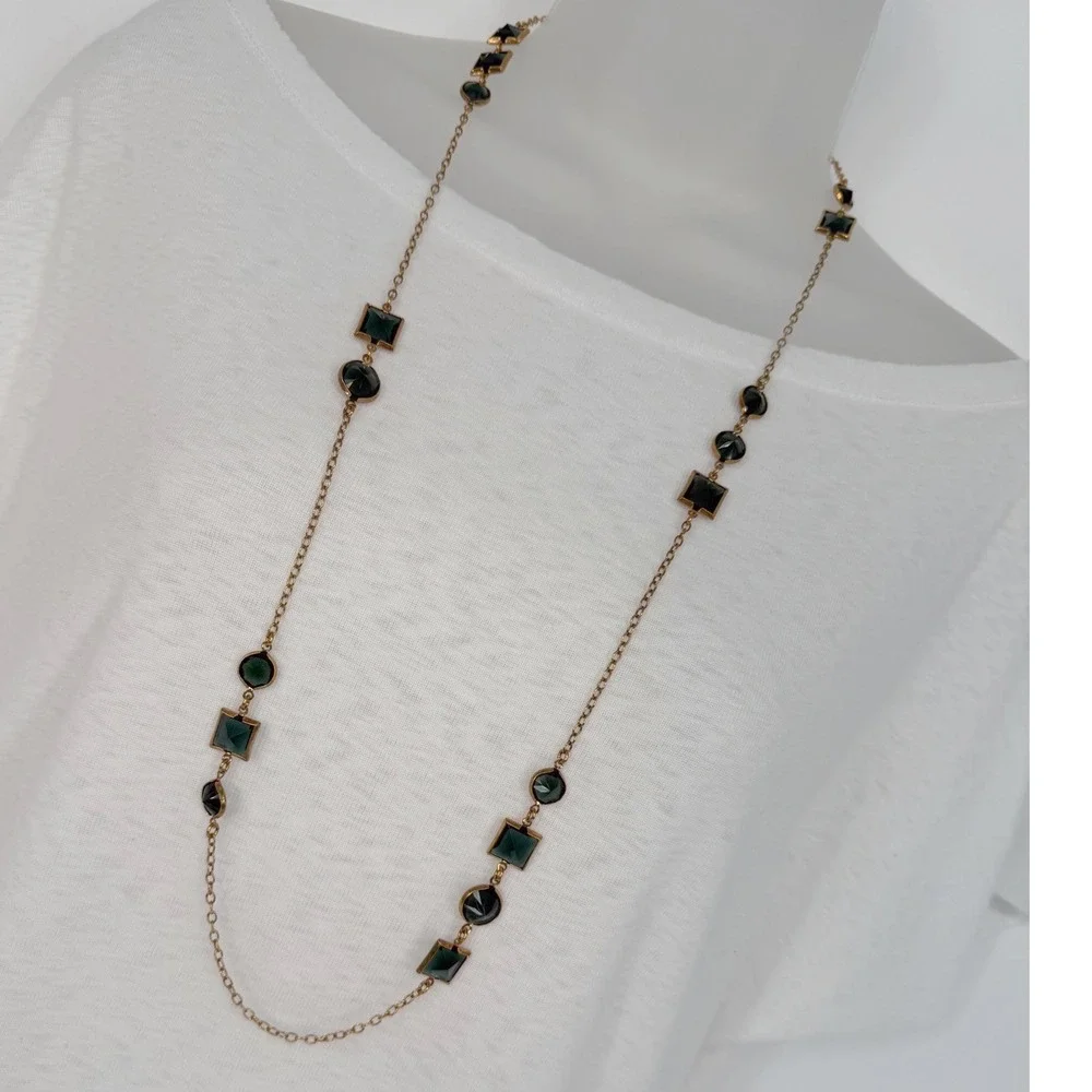 J.Crew Long Necklace‎ Gold Tone Emerald Green Geometric Resin Stones 103-37